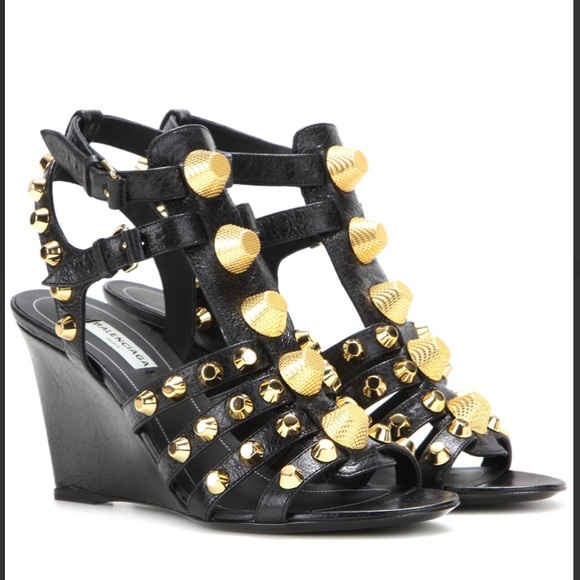 Balenciaga Black Arena Leather Wedge Sandals